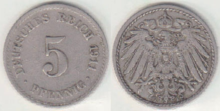 1911 A Germany 5 Pfennig A008306
